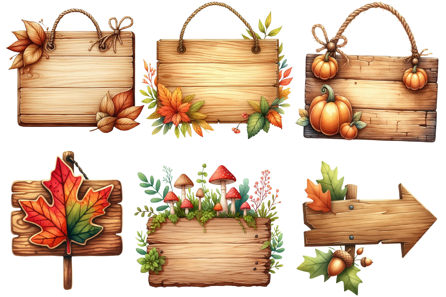 Watercolor Autumn Wooden Signs Clipart Bundle Fall Wood Sign PNG
