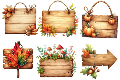 Watercolor Autumn Wooden Signs Clipart Bundle Fall Wood Sign PNG