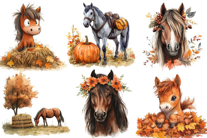 Autumn Brown Horse Clipart PNG Bundle | Watercolor Fall Horse Clipart | Rustic Woodland Horse PNG