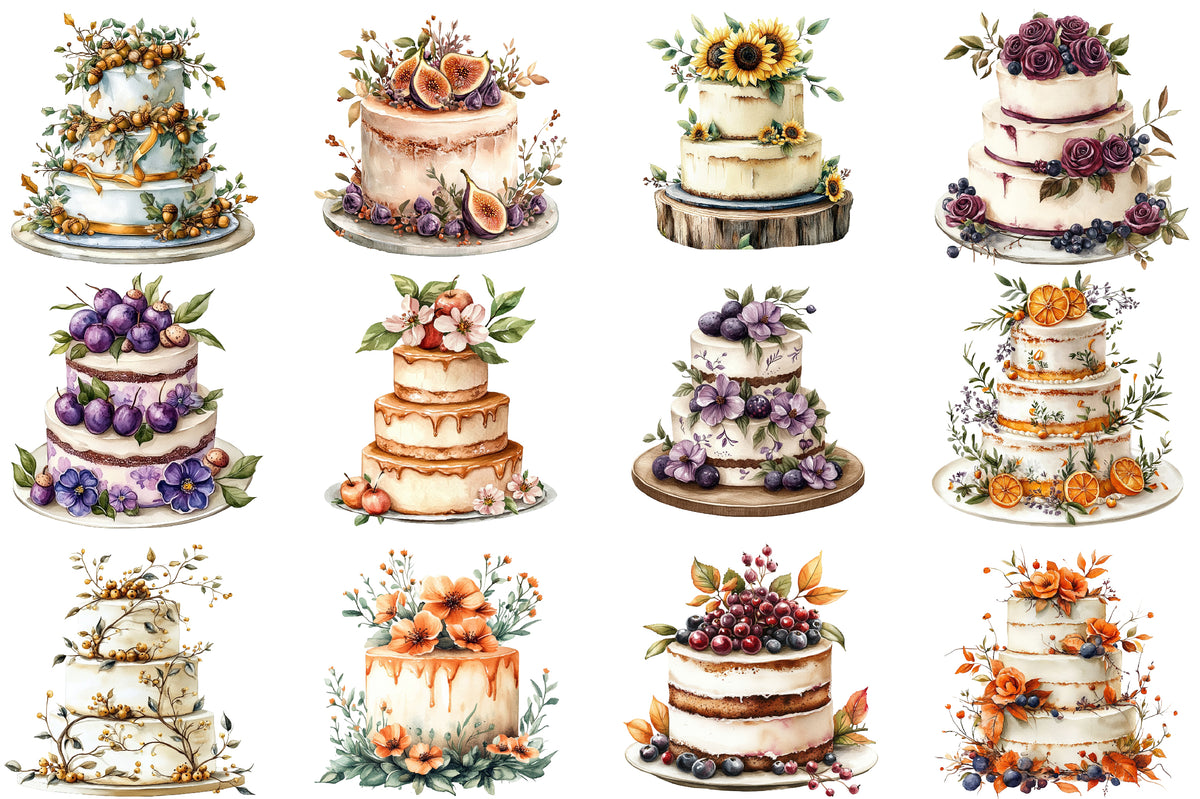 Watercolor Autumn Wedding Cake Clipart Bundle Fall Wedding Cake PNG