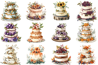 Watercolor Autumn Wedding Cake Clipart Bundle Fall Wedding Cake PNG