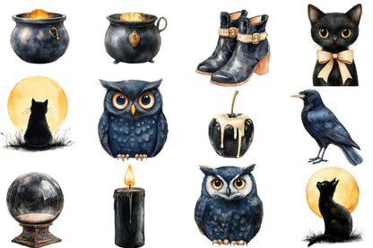 Watercolor Beige & Black Halloween Clipart Bundle Gothic Witchy PNG