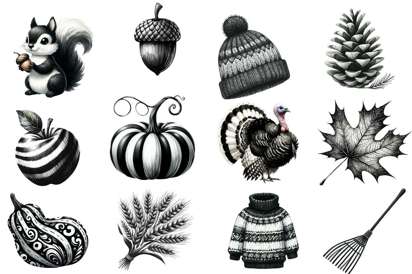 Watercolor Black and White Autumn Clipart Bundle Fall Monochrome PNG