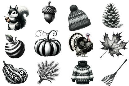 Watercolor Black and White Autumn Clipart Bundle Fall Monochrome PNG