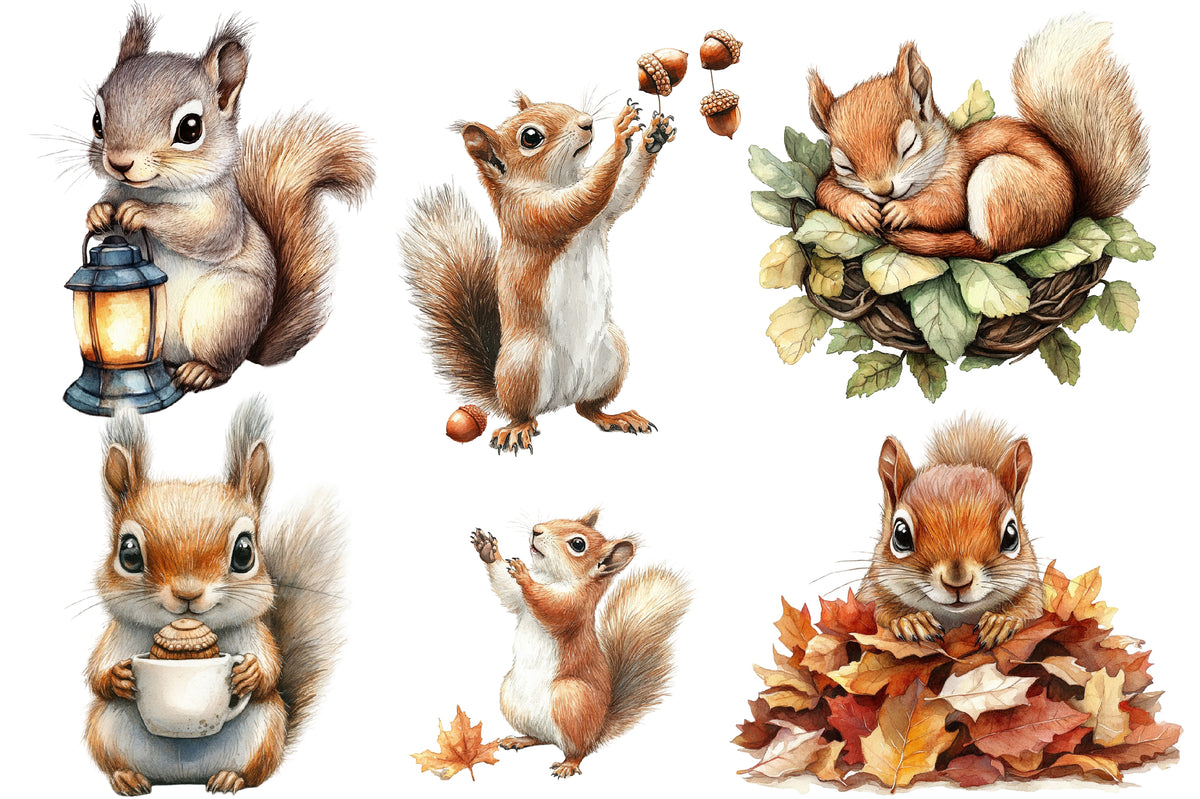 Watercolor Autumn Fall Squirrels Clipart Bundle Cute Woodland PNG