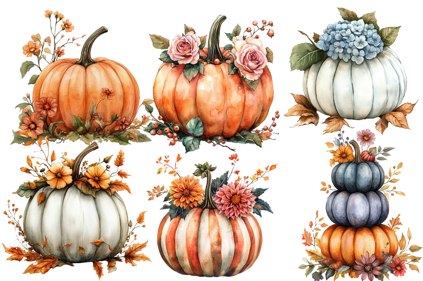 Autumn Pumpkin Floral PNG Bundle | Watercolor Pumpkin Clipart, Fall Pumpkin PNG
