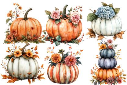 Autumn Pumpkin Floral PNG Bundle | Watercolor Pumpkin Clipart, Fall Pumpkin PNG