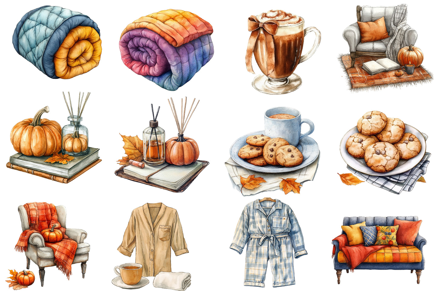 Watercolor Fall Lazy Day Sublimation Clipart Bundle 38 PNG