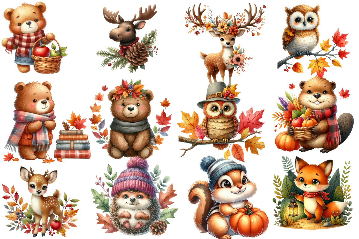 Watercolor Autumn Forest Animals Clipart Bundle Cute Fall Woodland PNG