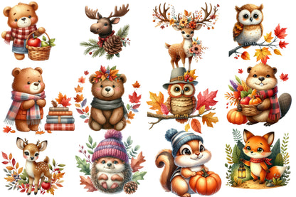 Watercolor Autumn Forest Animals Clipart Bundle Cute Fall Woodland PNG
