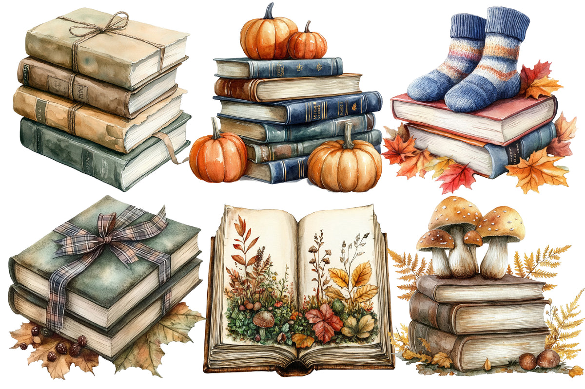 Watercolor Autumn Fall Books Clipart Bundle Cozy Book Lover PNG