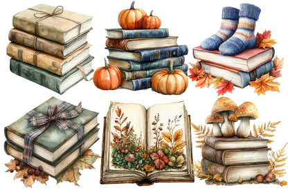 Watercolor Autumn Fall Books Clipart Bundle Cozy Book Lover PNG