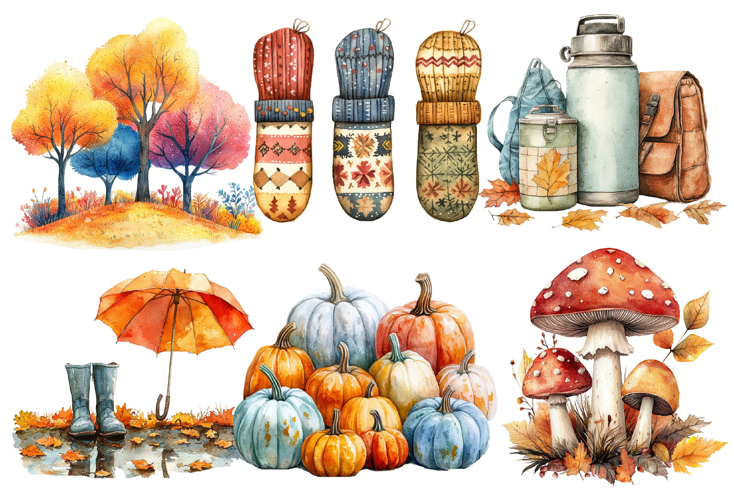 Watercolor Autumn Collection Clipart Bundle Fall Harvest PNG