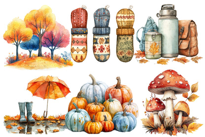 Watercolor Autumn Collection Clipart Bundle Fall Harvest PNG