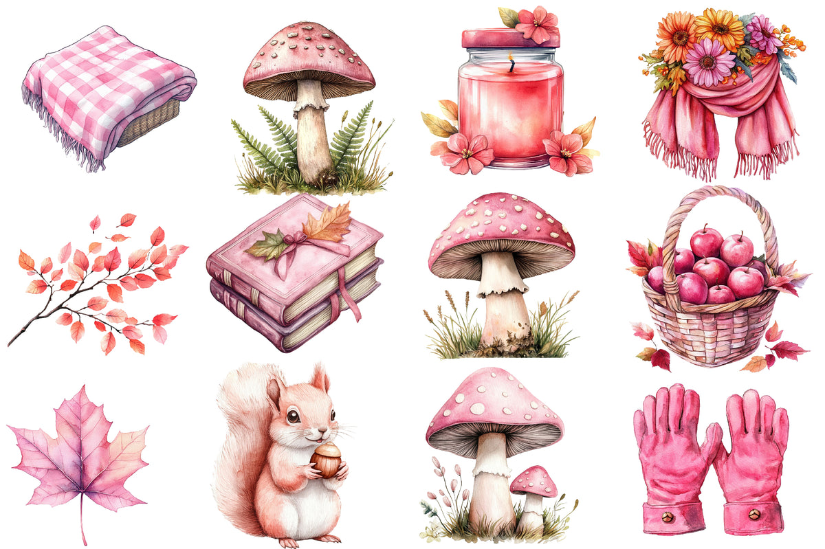 Watercolor Pink Fall Autumn Clipart Bundle 39 PNG
