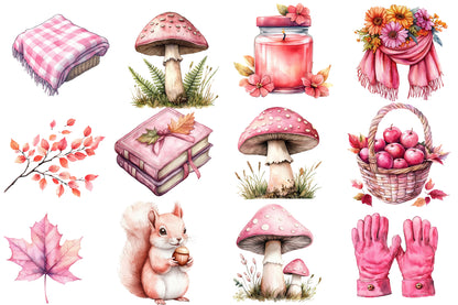 Watercolor Pink Fall Autumn Clipart Bundle 39 PNG