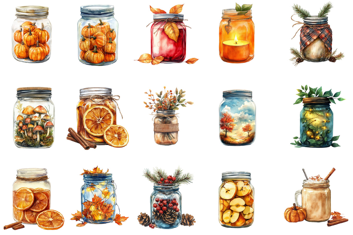Watercolor Fall Mason Jars Clipart Bundle 31 PNG