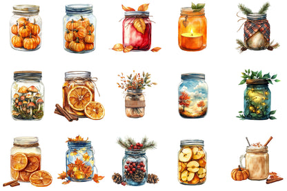 Watercolor Fall Mason Jars Clipart Bundle 31 PNG