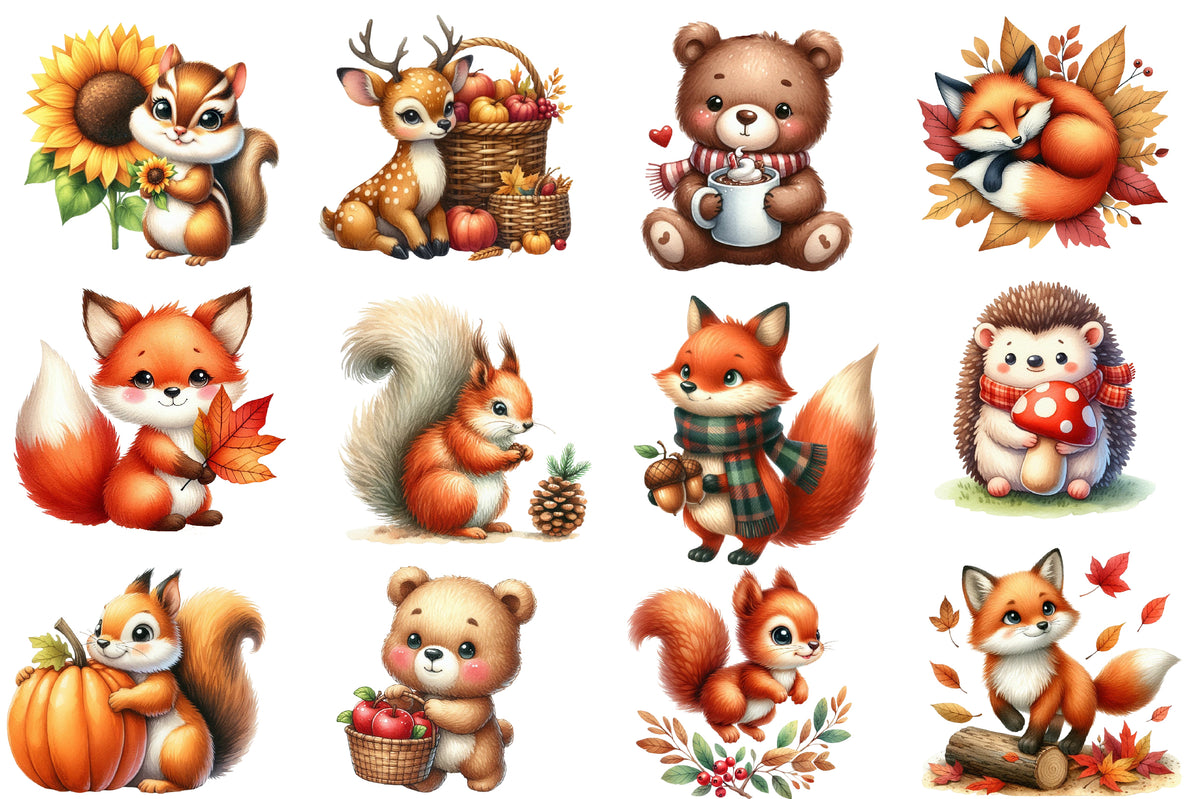 Watercolor Autumn Cute Animals Clipart Bundle Fall Woodland PNG