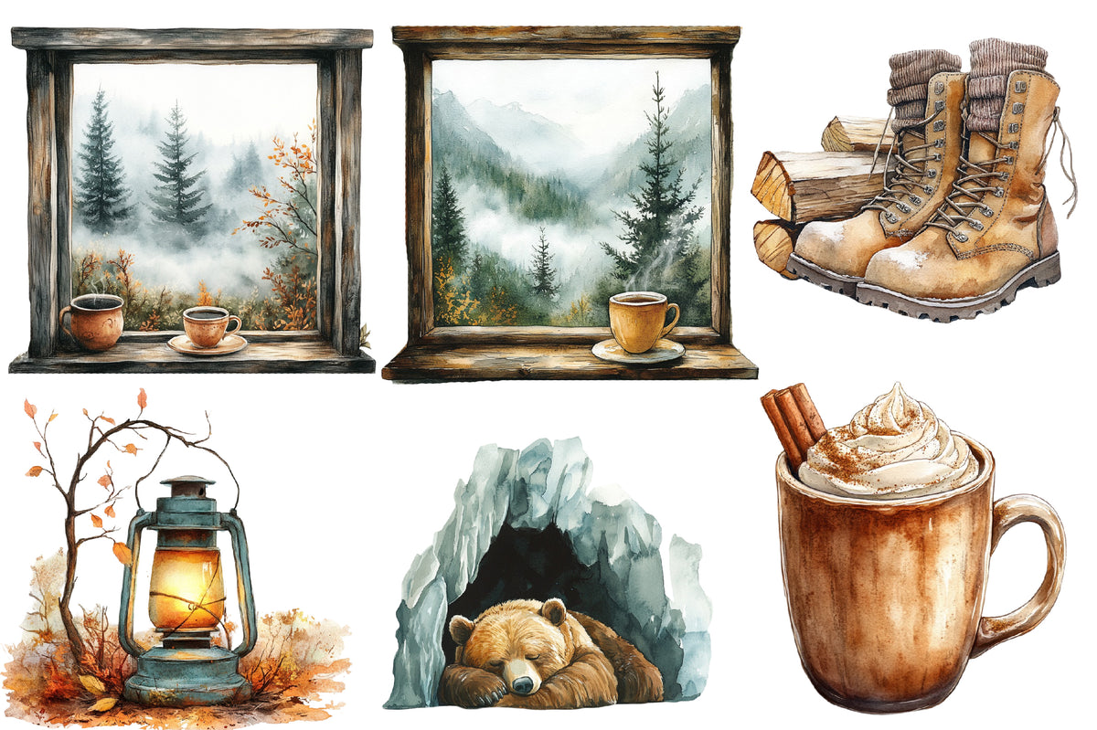 Watercolor Autumn Chilly Morning Clipart Bundle Cozy Fall PNG