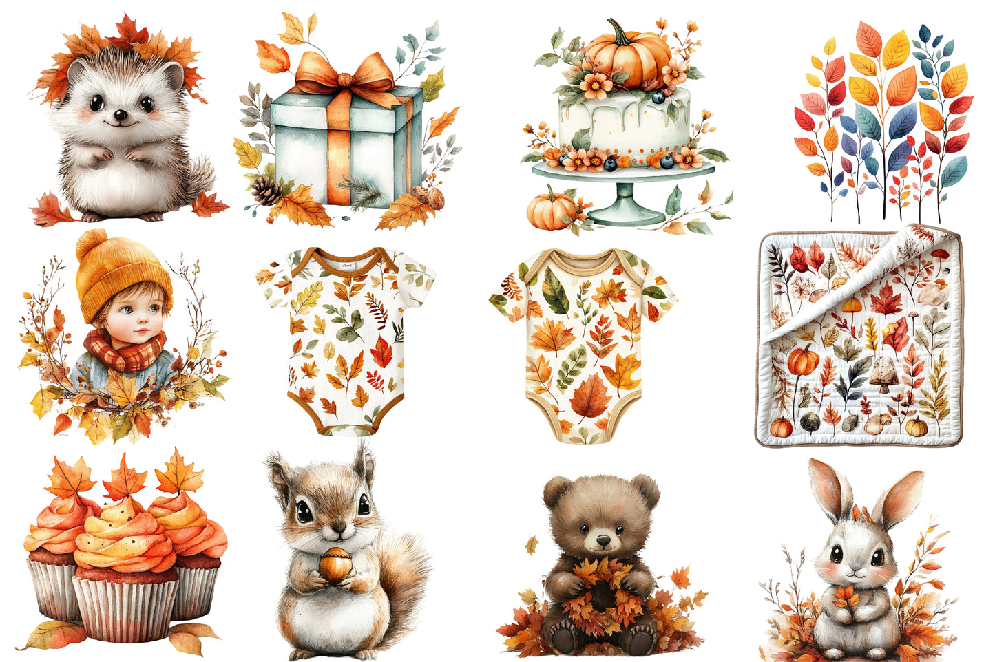 Autumn Baby Shower Clipart PNG Bundle | Watercolor Fall Baby Shower Clipart | Boho Pumpkin Baby PNG