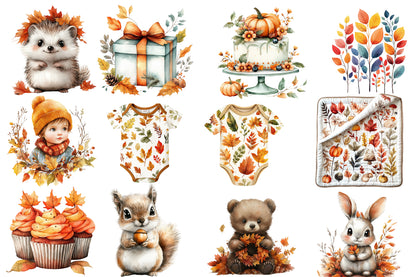 Autumn Baby Shower Clipart PNG Bundle | Watercolor Fall Baby Shower Clipart | Boho Pumpkin Baby PNG