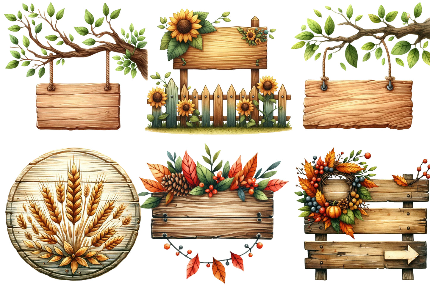 Watercolor Autumn Wooden Signs Clipart Bundle Fall Wood Sign PNG
