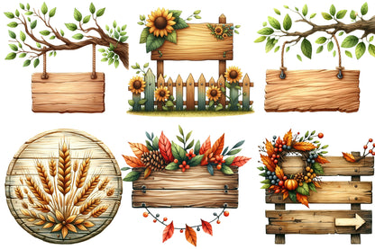 Watercolor Autumn Wooden Signs Clipart Bundle Fall Wood Sign PNG