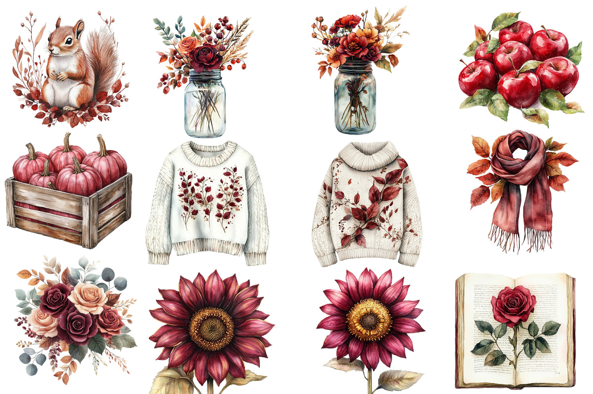 Watercolor Burgundy Autumn Clipart Bundle Fall Harvest PNG Collection