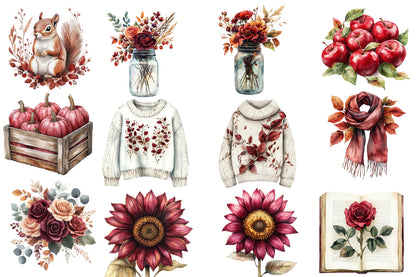 Watercolor Burgundy Autumn Clipart Bundle Fall Harvest PNG Collection