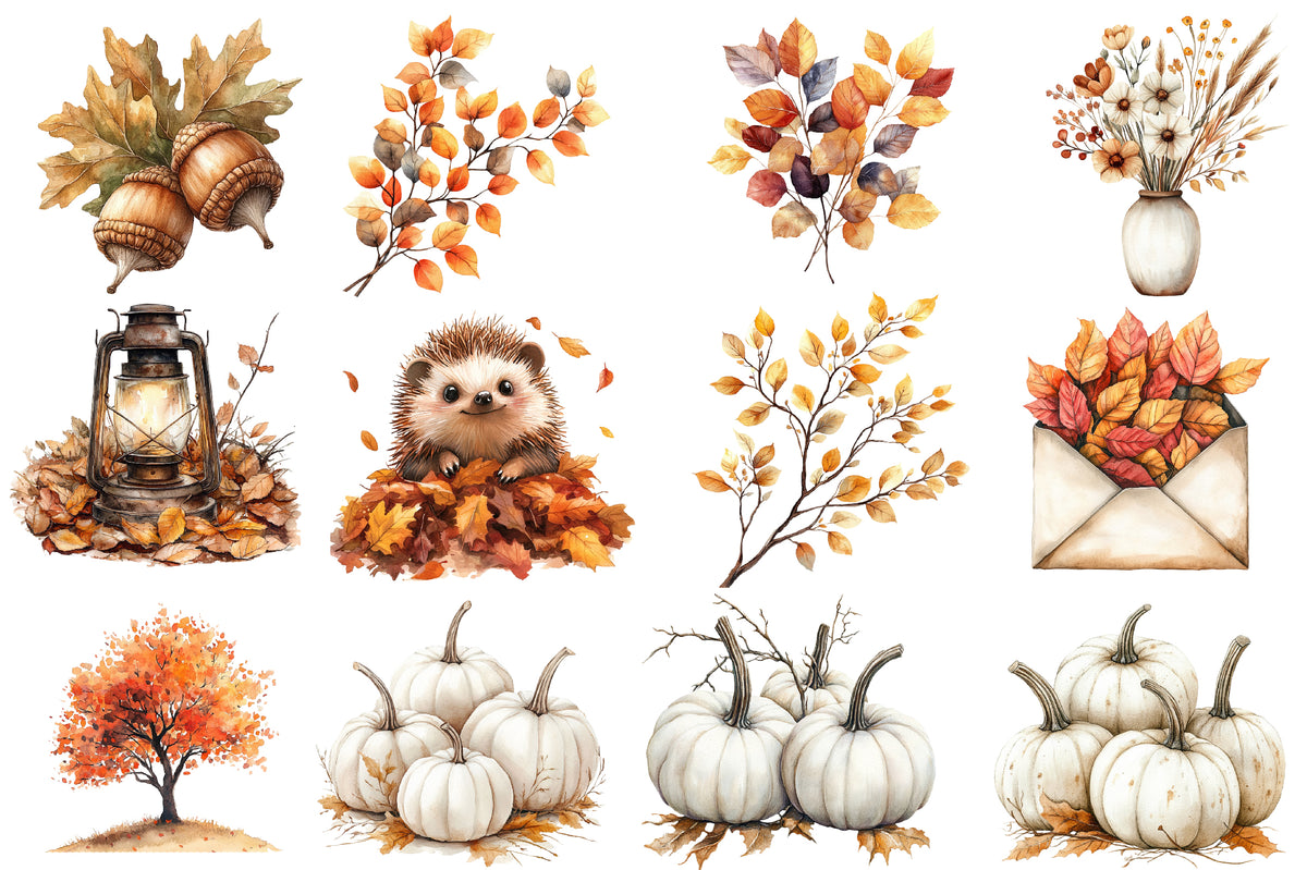 Watercolor Neutral Autumn Clipart Bundle Cozy Fall Woodland PNG
