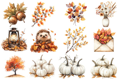 Watercolor Neutral Autumn Clipart Bundle Cozy Fall Woodland PNG