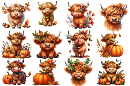 Watercolor Autumn Highland Cow Clipart PNG Bundle | Fall Highland Cow Clipart | Rustic Cow Sublimation PNG