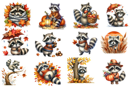Watercolor Autumn Raccoon Clipart Bundle Cute Fall Raccoon PNG