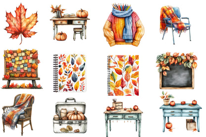 Autumn Back to School Clipart PNG Bundle | Watercolor Fall School Clipart | Cute School Supplies & Autumn PNG