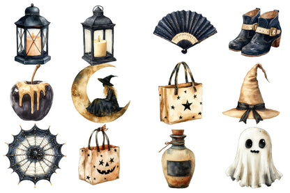 Watercolor Beige & Black Halloween Clipart Bundle Gothic Witchy PNG