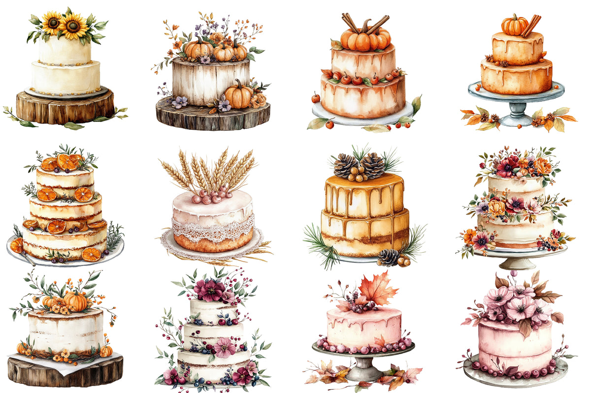 Watercolor Autumn Wedding Cake Clipart Bundle Fall Wedding Cake PNG
