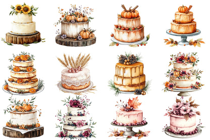 Watercolor Autumn Wedding Cake Clipart Bundle Fall Wedding Cake PNG