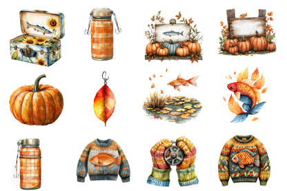 Watercolor Fall Fishing Clipart Bundle 37 PNG