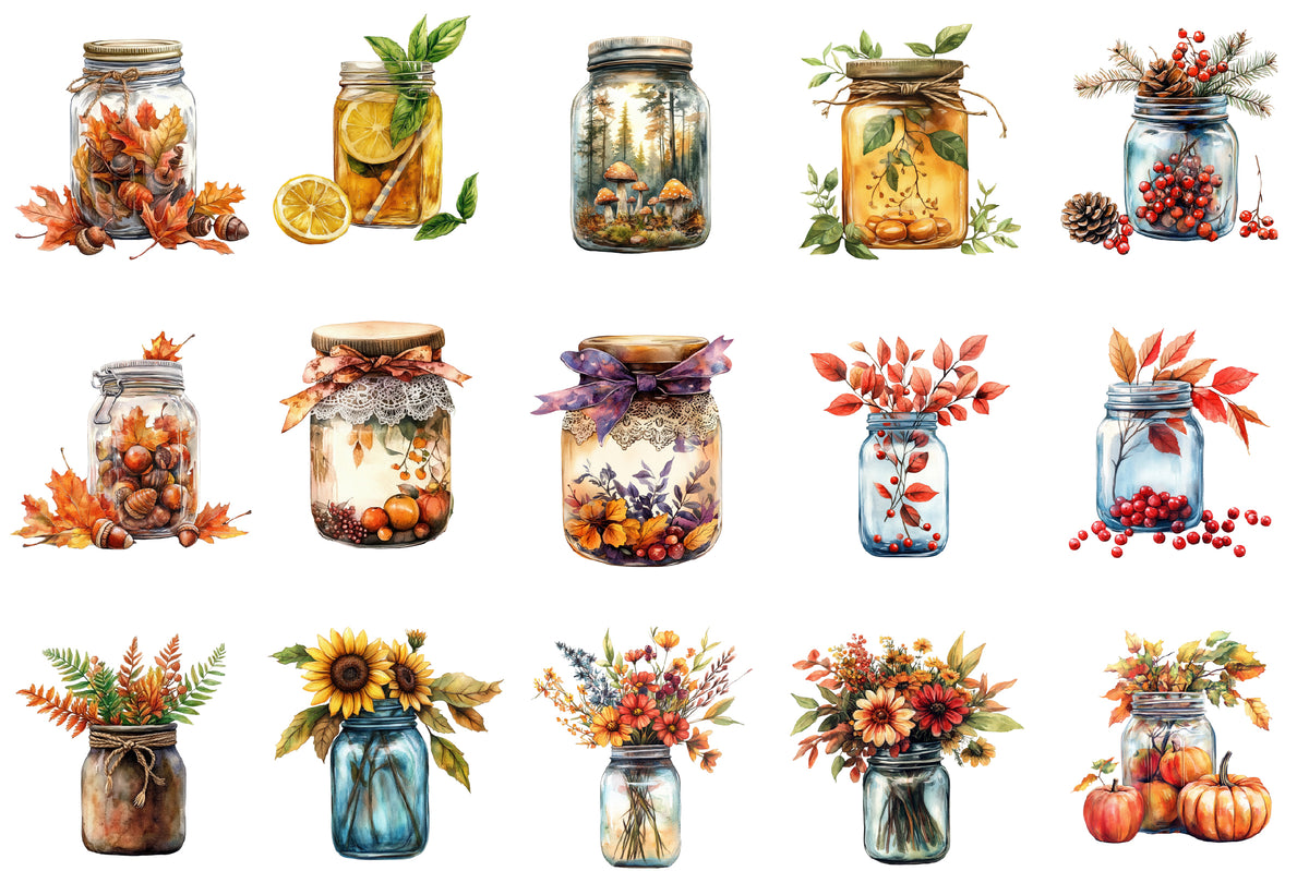 Watercolor Fall Mason Jars Clipart Bundle 31 PNG