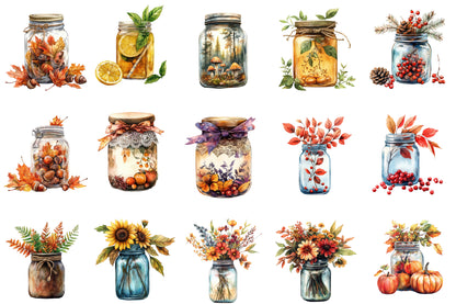 Watercolor Fall Mason Jars Clipart Bundle 31 PNG