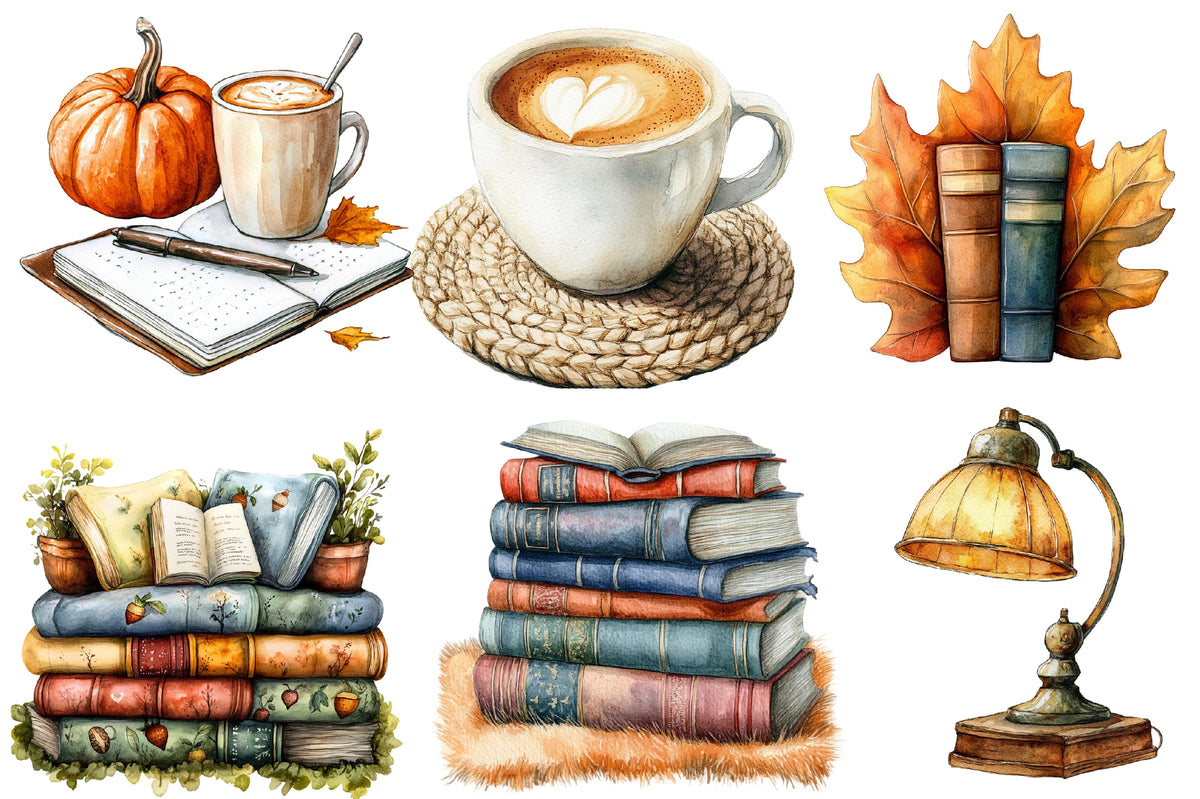 Watercolor Fall Reading Nook Clipart Bundle 23 PNG