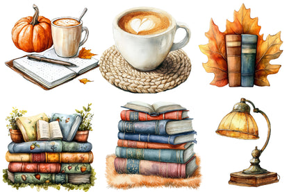 Watercolor Fall Reading Nook Clipart Bundle 23 PNG