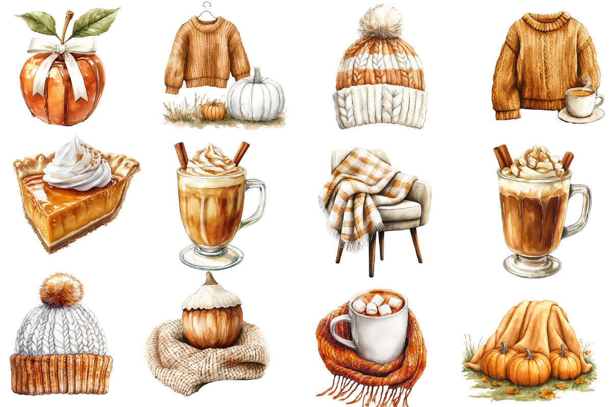 Watercolor Cozy Fall Clipart Bundle Autumn Caramel & White PNG