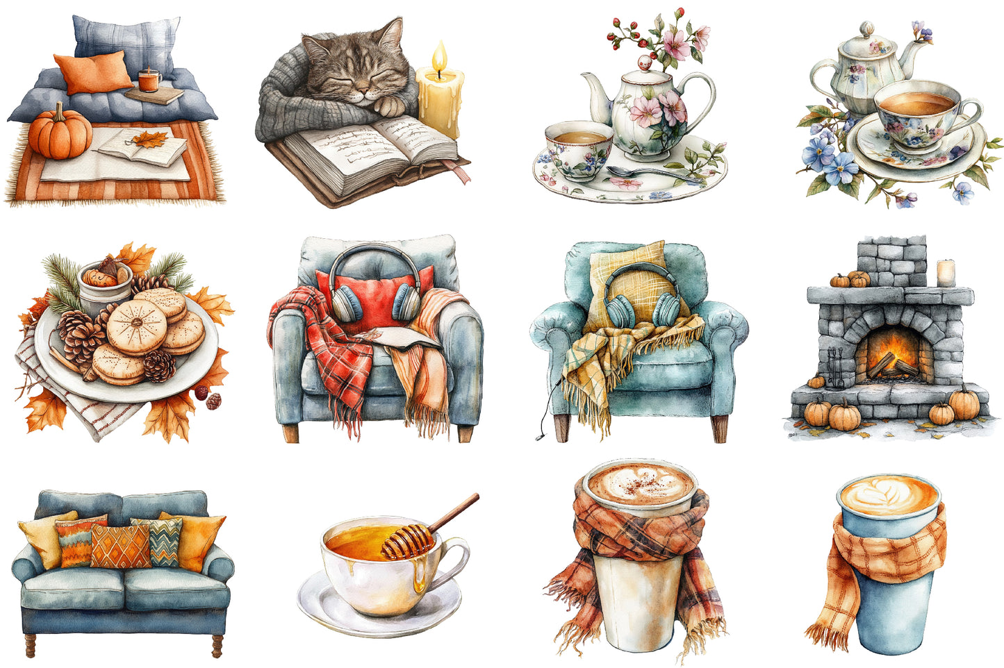 Watercolor Fall Lazy Day Sublimation Clipart Bundle 38 PNG