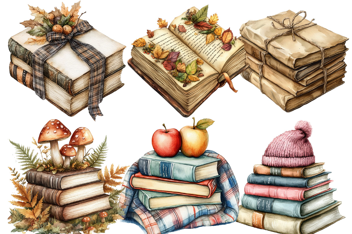 Watercolor Autumn Fall Books Clipart Bundle Cozy Book Lover PNG