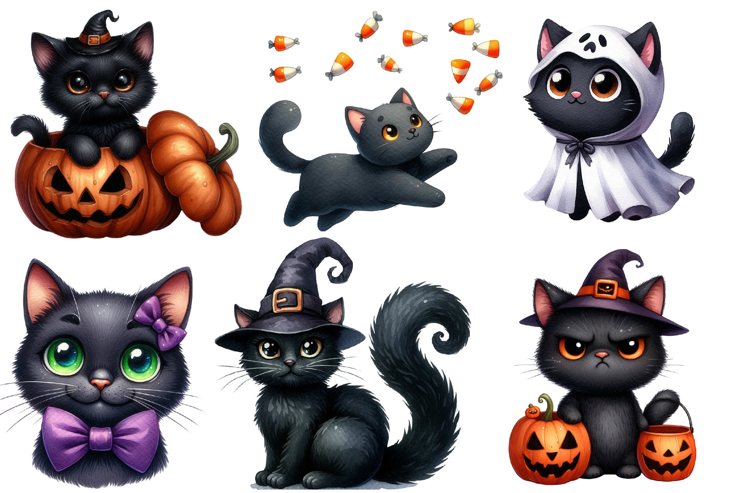 Watercolor Halloween Black Cats Clipart PNG Bundle | Cute Witch Cat PNG, Spooky Black Cat Clipart