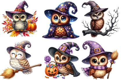 Watercolor Halloween Witch Owl Clipart PNG Bundle | Cute Owl Witch PNG
