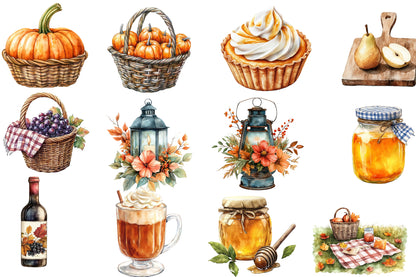 Watercolor Fall Picnic Sublimation Clipart Bundle 48 PNG