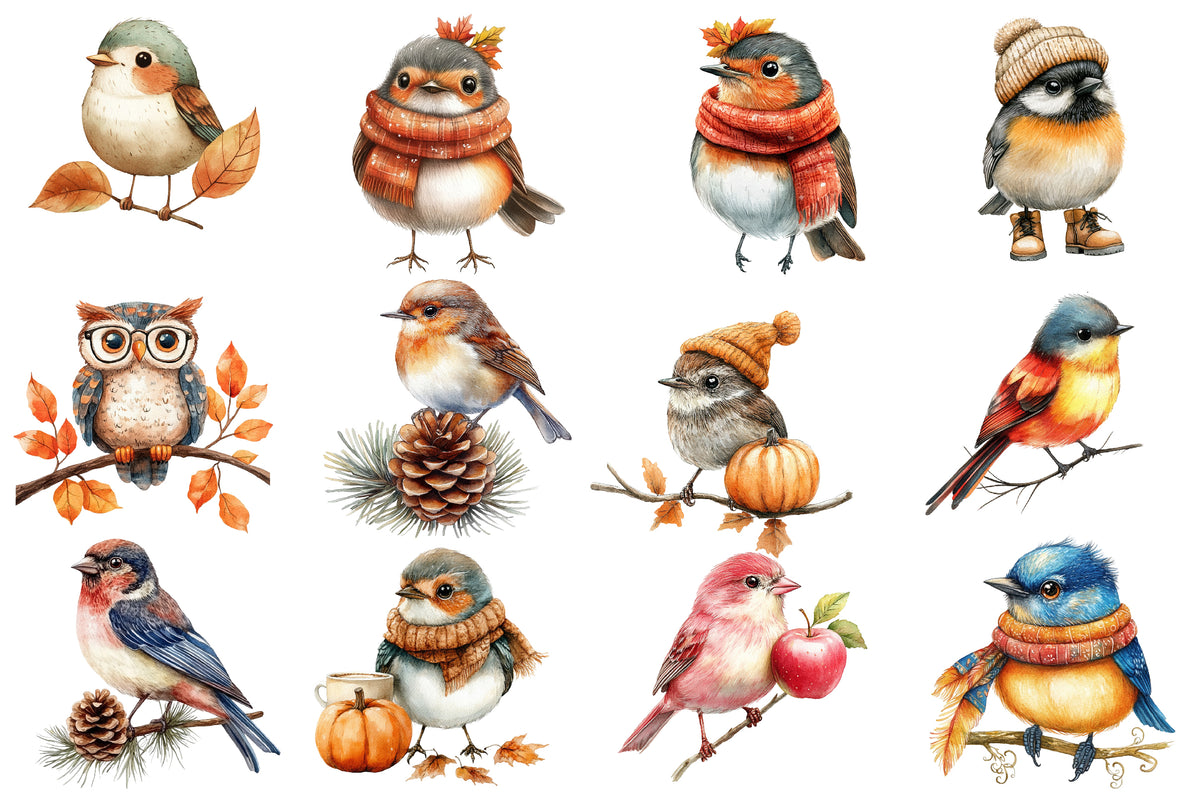 Watercolor Whimsical Fall Birds Clipart Bundle 29 PNG